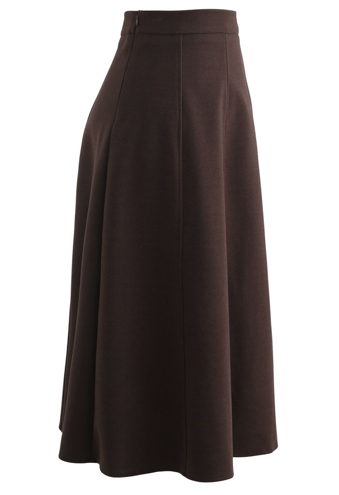 Solid Color Wool-Blend Midi Skirt in Brown - Retro, Indie and Unique ...