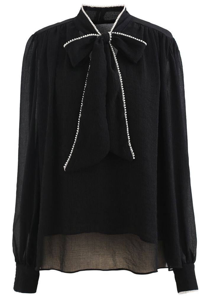 Bowknot Pearl Trim Semi-Sheer Shirt in Black - Retro, Indie and Unique ...