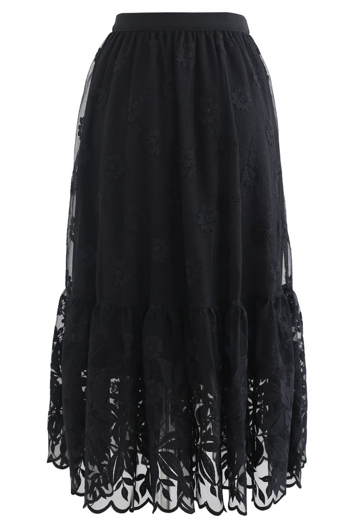 Embroidered Floral Organza Midi Skirt in Black - Retro, Indie and ...