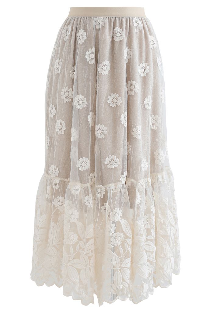 Embroidered Floral Organza Midi Skirt in Cream - Retro, Indie and ...