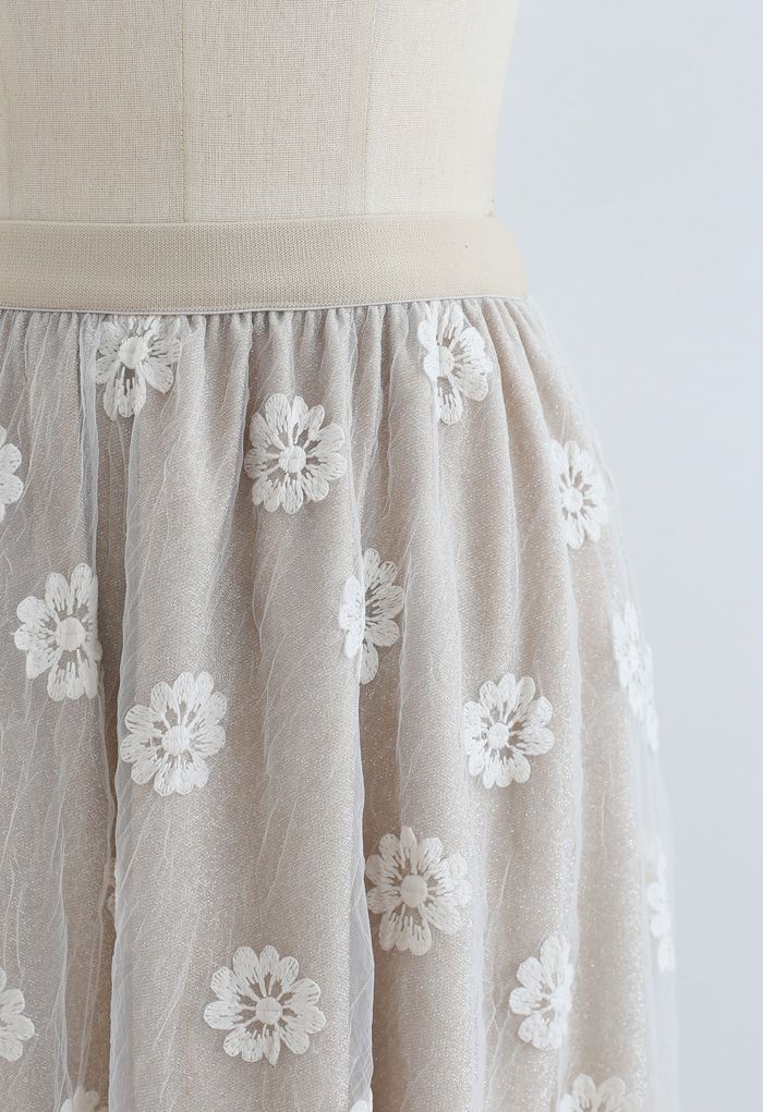 Embroidered Floral Organza Midi Skirt in Cream