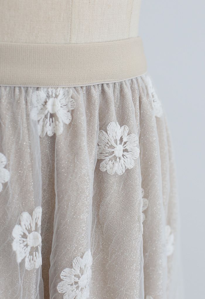 Embroidered Floral Organza Midi Skirt in Cream