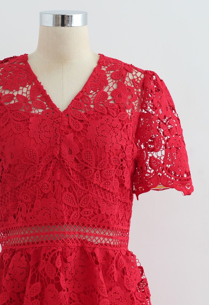 Full Flowers Crochet V-Neck Layered Dress in Red - Retro, Indie and ...