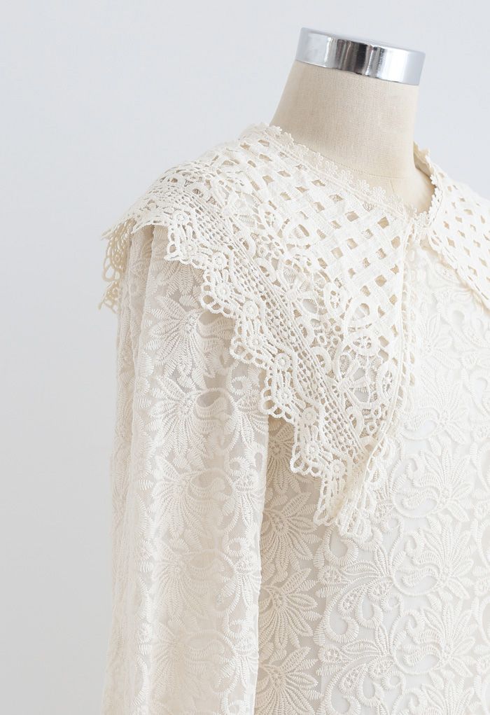 Crochet Collar Embroidered Ruffle Hem Mesh Dress - Retro, Indie and ...