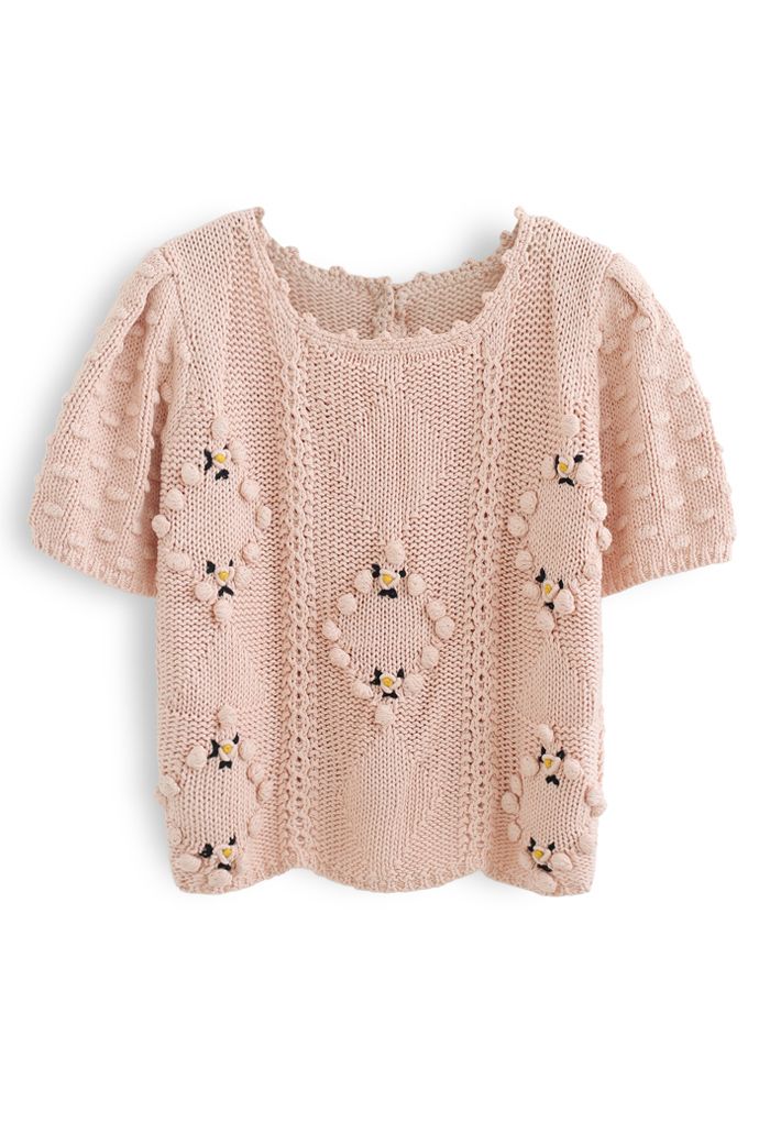 Diamond Pom-Pom Hand Knit Short-Sleeve Top in Pink