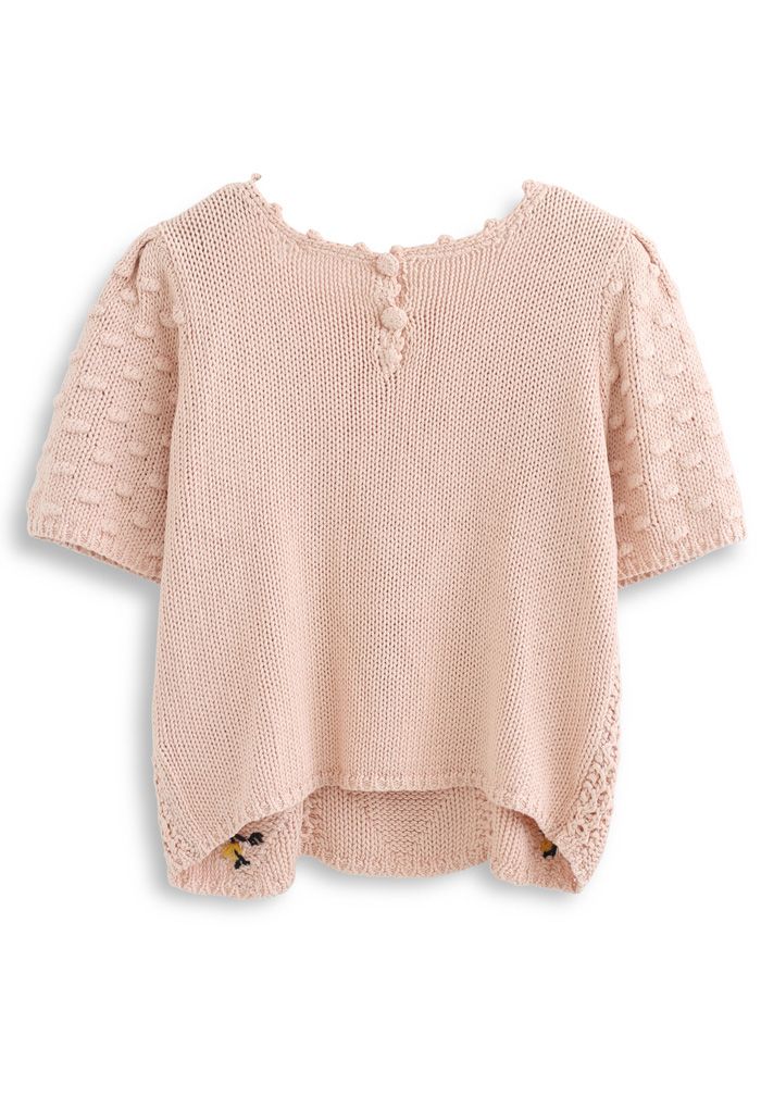 Diamond Pom-Pom Hand Knit Short-Sleeve Top in Pink