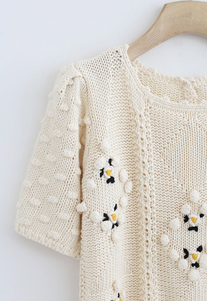 Diamond Pom-Pom Hand Knit Short-Sleeve Top in Cream