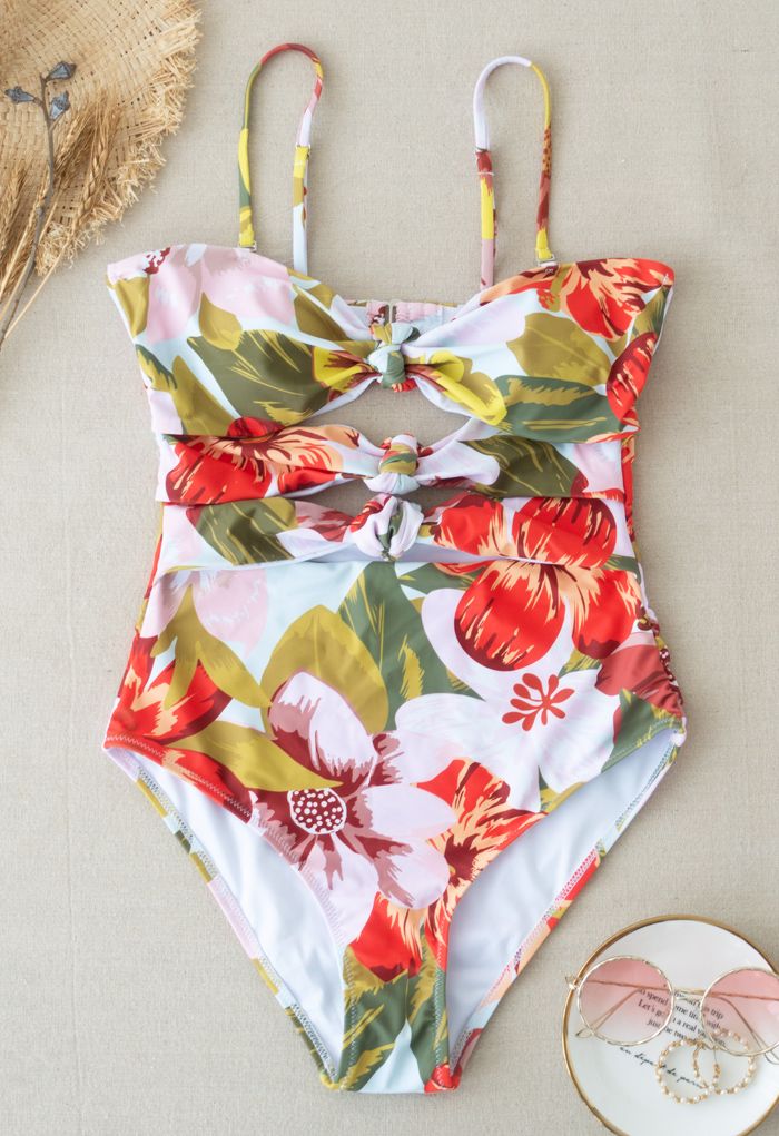Tropical Print Knotted Cutout Swimsuit - Retro, Indie and Unique Fashion