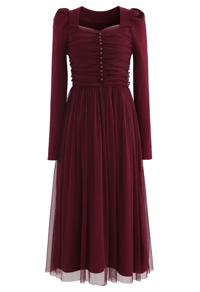 Square Neck Shirred Tulle Mesh Rib Knit Dress in Wine - Retro, Indie ...