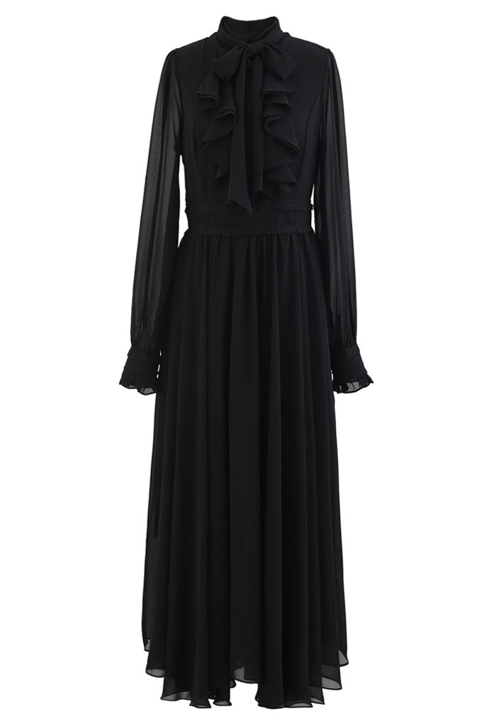 Scarf Neck Ruffle Asymmetric Maxi Dress in Black - Retro, Indie and ...