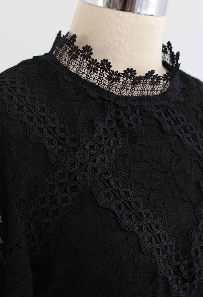 Belted Full Lace Frilling Dress in Black