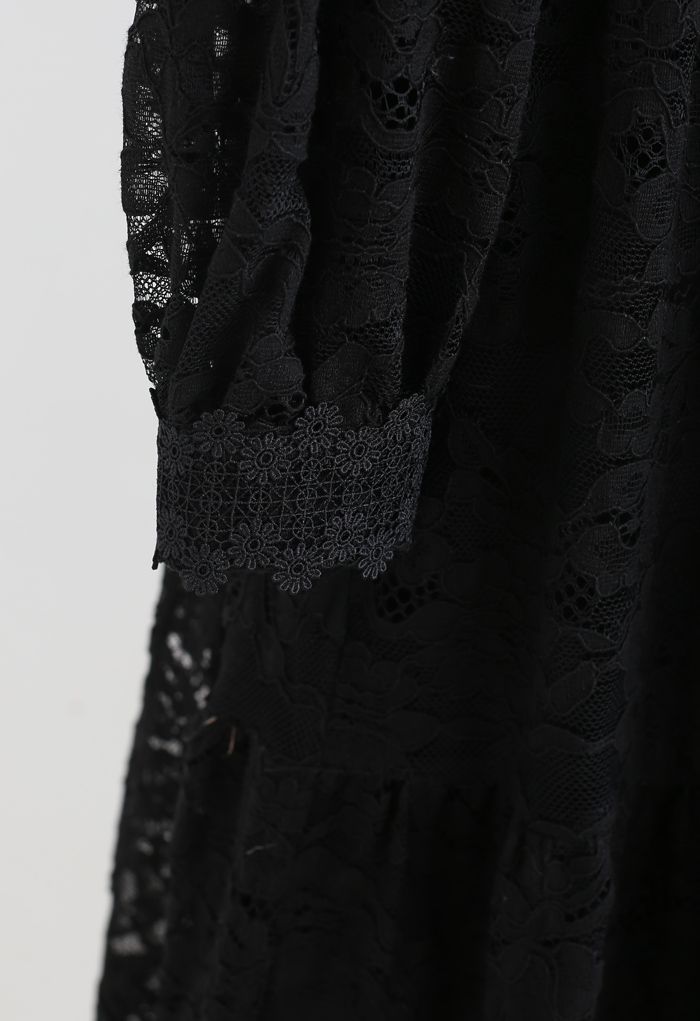 Belted Full Lace Frilling Dress in Black