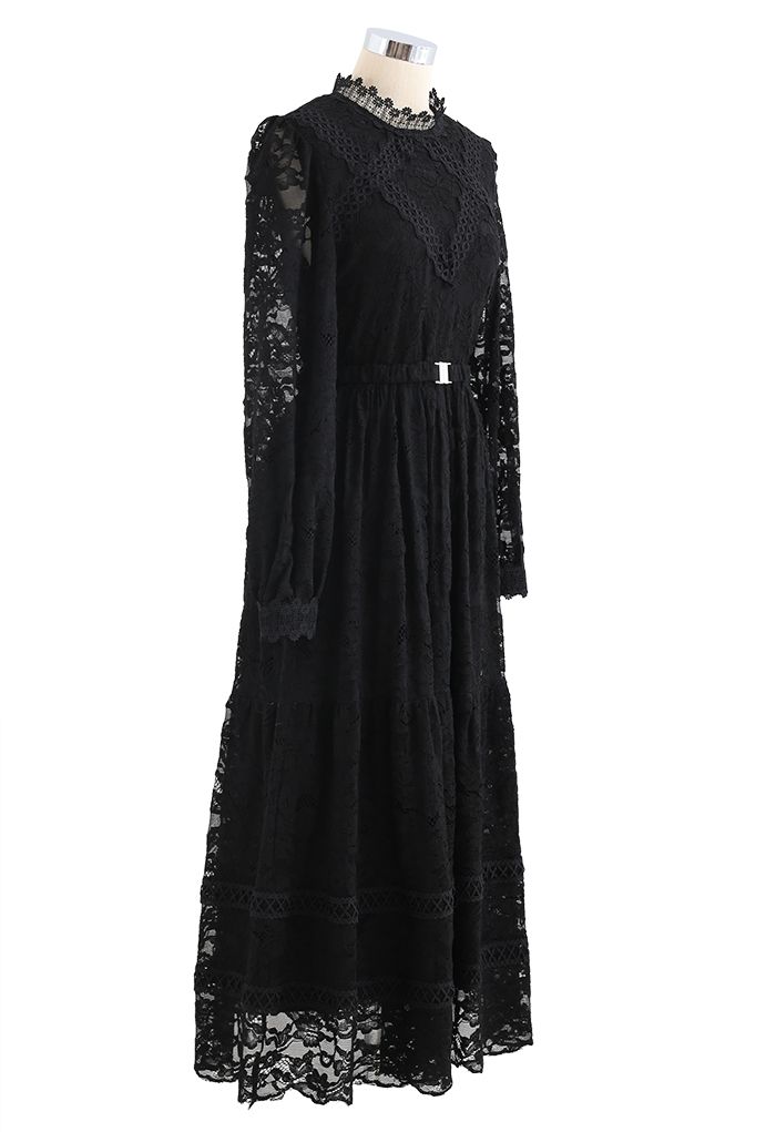 Belted Full Lace Frilling Dress in Black