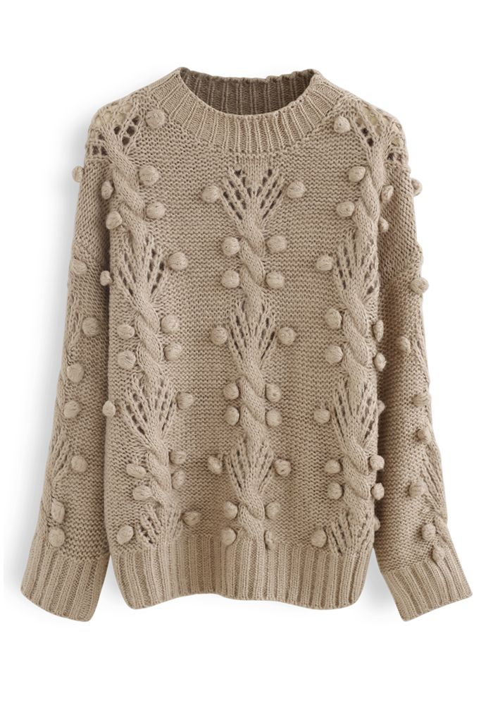 Cable Pom-Pom Eyelet Knit Sweater in Tan - Retro, Indie and Unique Fashion