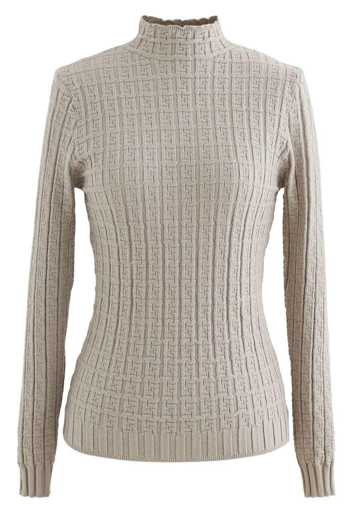 Maze Embossed High Neck Fitted Knit Top in Sand - Retro, Indie and ...