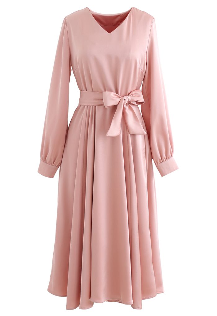 Scarf V-Neck Flare Midi Dress in Pink