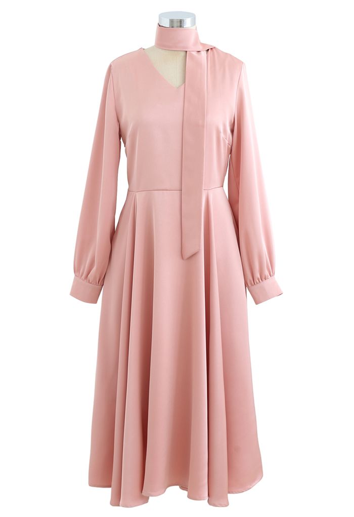 Scarf V-Neck Flare Midi Dress in Pink