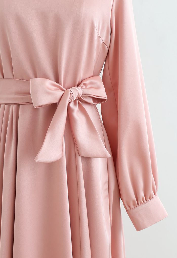 Scarf V-Neck Flare Midi Dress in Pink