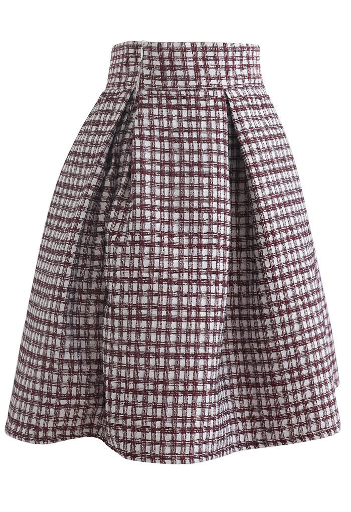 Shimmery Embossed Check Pleated Skirt in Wine - Retro, Indie and Unique ...