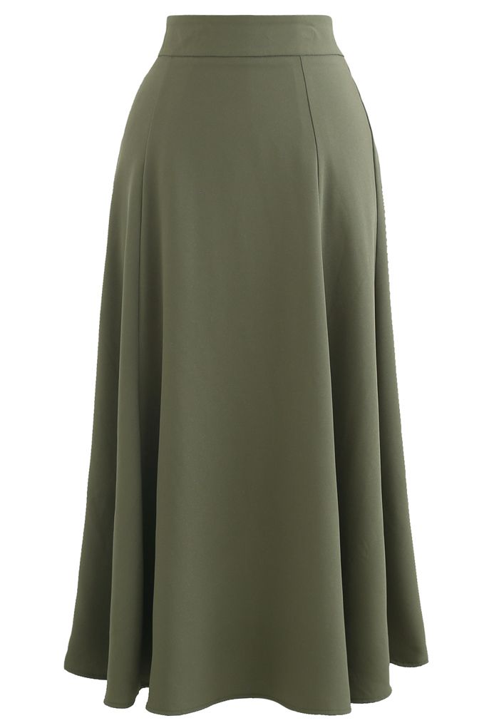 Glittering High-Waisted Flare Skirt in Army Green