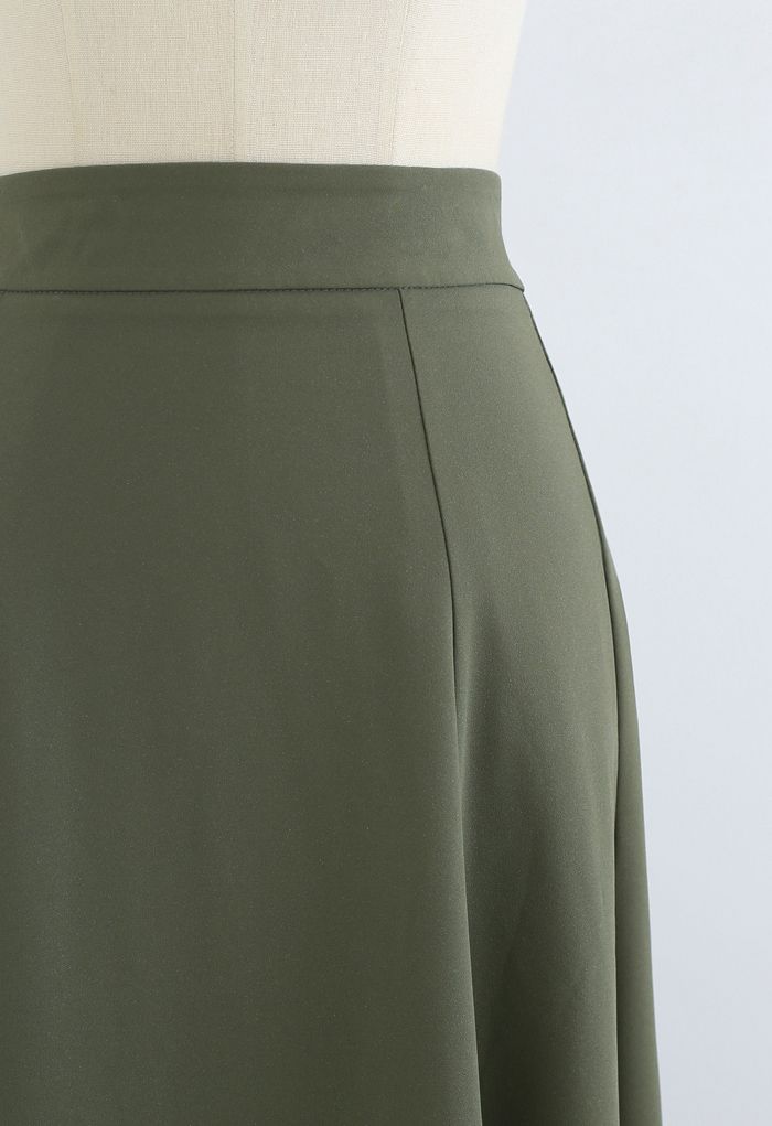 Glittering High-Waisted Flare Skirt in Army Green