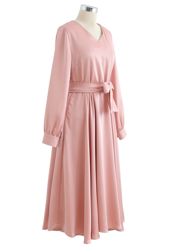 Scarf V-Neck Flare Midi Dress in Pink