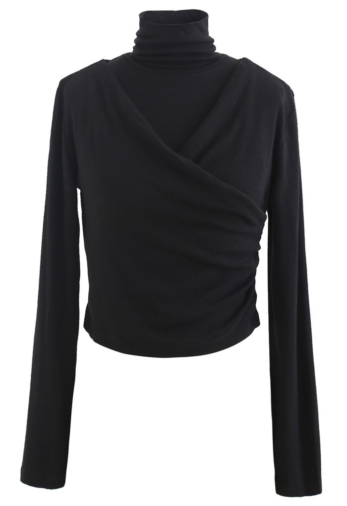 Fake Two-Piece Turtleneck Wrap Top in Black