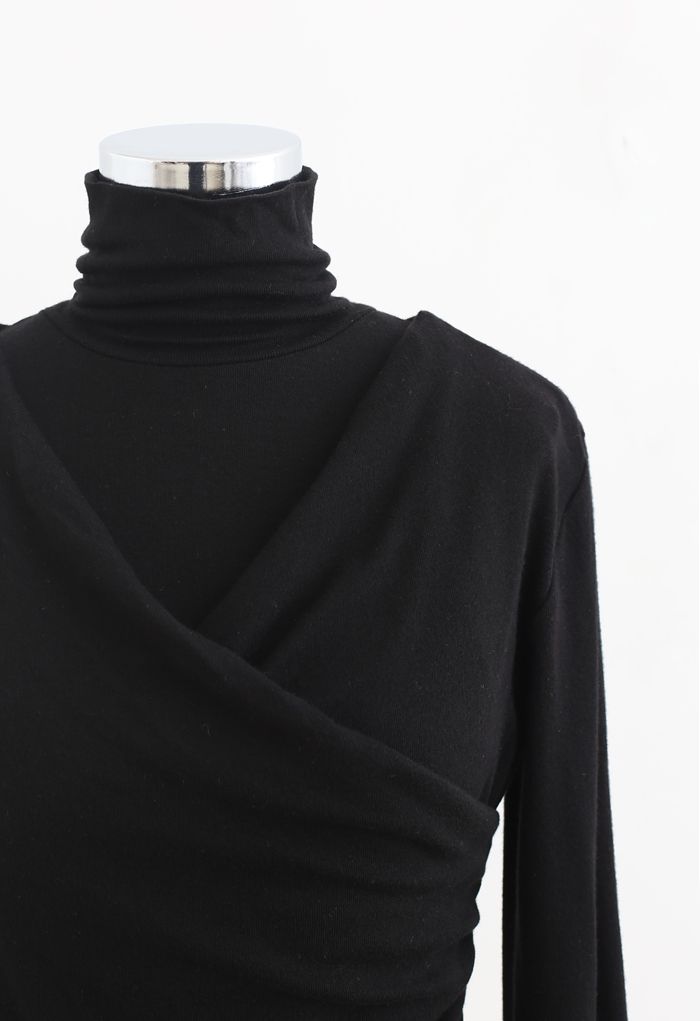 Fake Two-Piece Turtleneck Wrap Top in Black