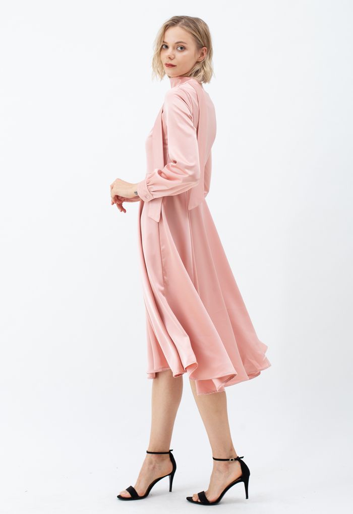 Scarf V-Neck Flare Midi Dress in Pink