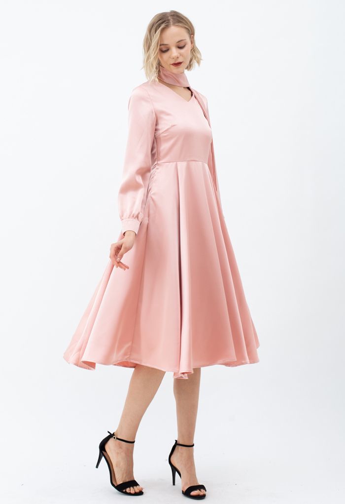 Scarf V-Neck Flare Midi Dress in Pink