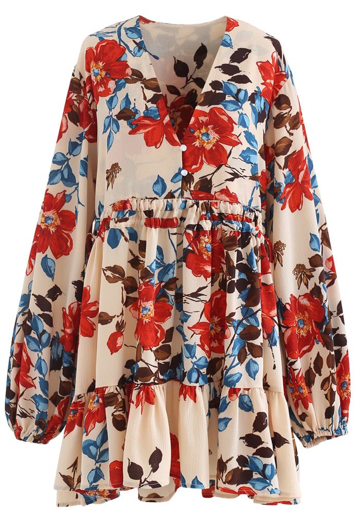 Floral V-Neck Drawstring Ruffle Tunic in Apricot