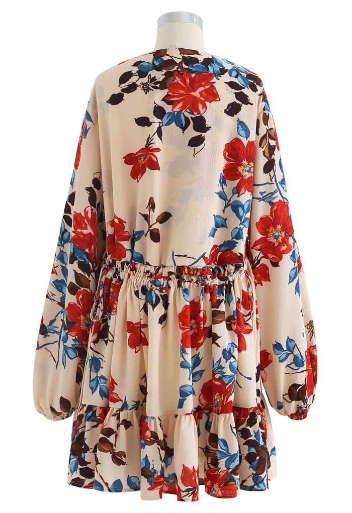 Floral V-Neck Drawstring Ruffle Tunic in Apricot