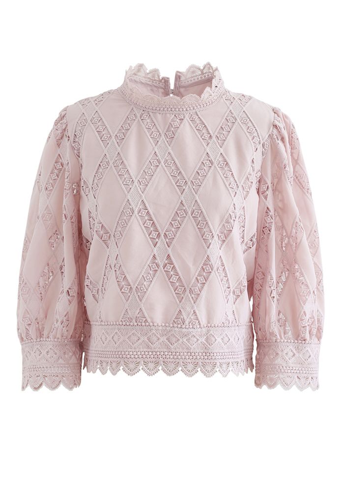 Crochet Inserted Puff Sleeves Crop Top in Dusty Pink - Retro, Indie and ...
