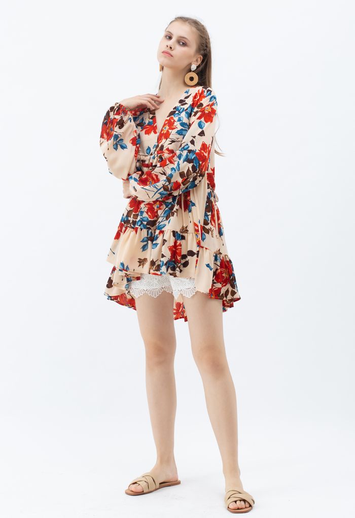 Floral V-Neck Drawstring Ruffle Tunic in Apricot