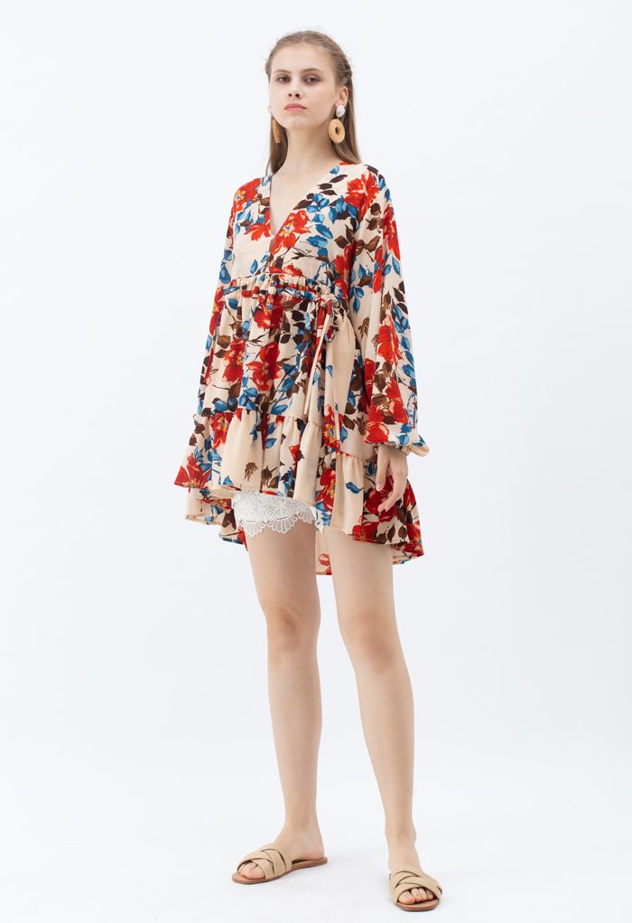 Floral V-Neck Drawstring Ruffle Tunic in Apricot - Retro, Indie and ...