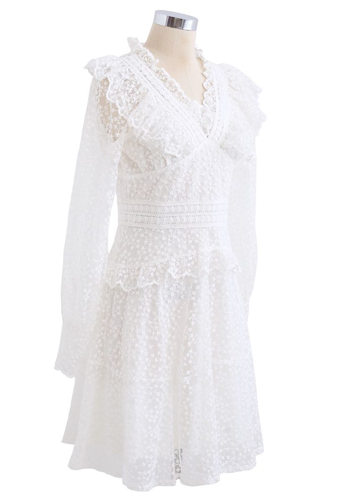 Full of Floret Embroidered Ruffle Mesh Dress in White - Retro, Indie ...
