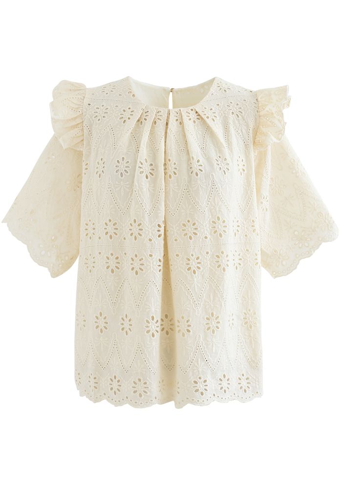 Zigzag Eyelet Floral Embroidered Short-Sleeve Top in Light Yellow ...