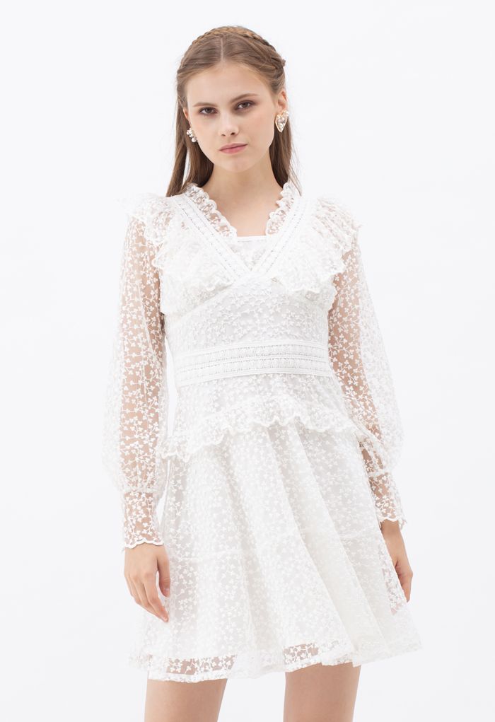 Full of Floret Embroidered Ruffle Mesh Dress in White - Retro, Indie ...