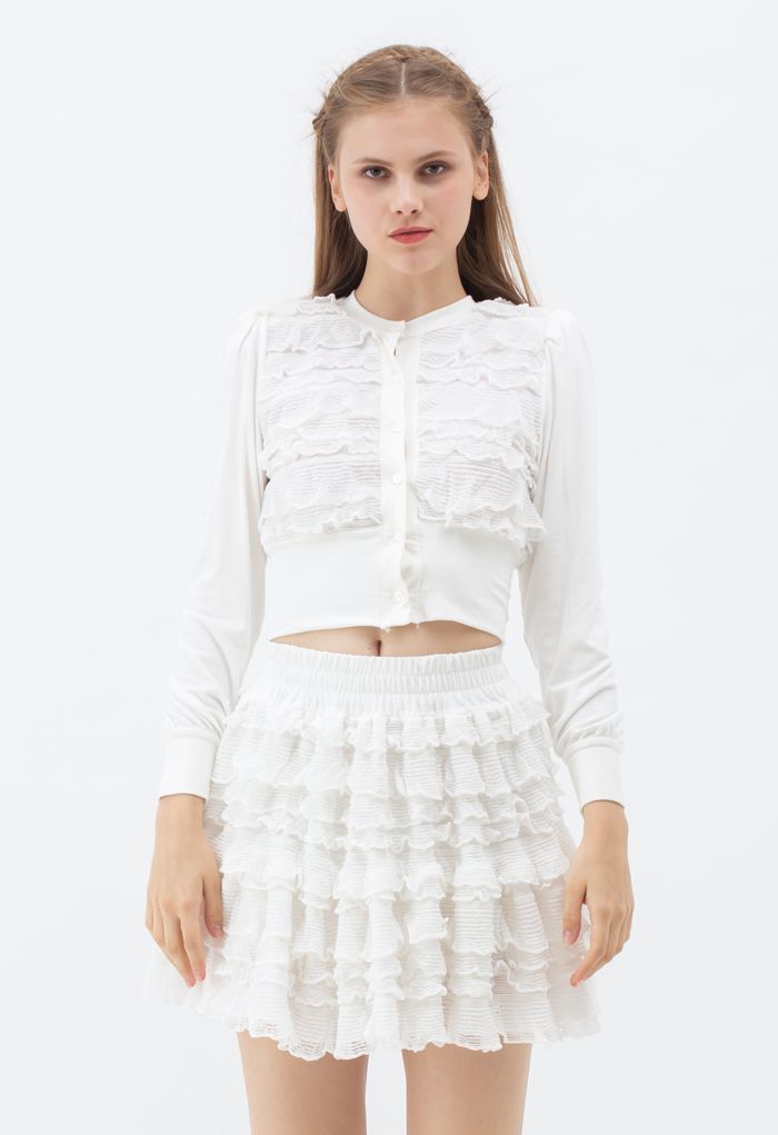 Tiered Ripple Padded Cardigan and Skirt Set in White - Retro, Indie and ...