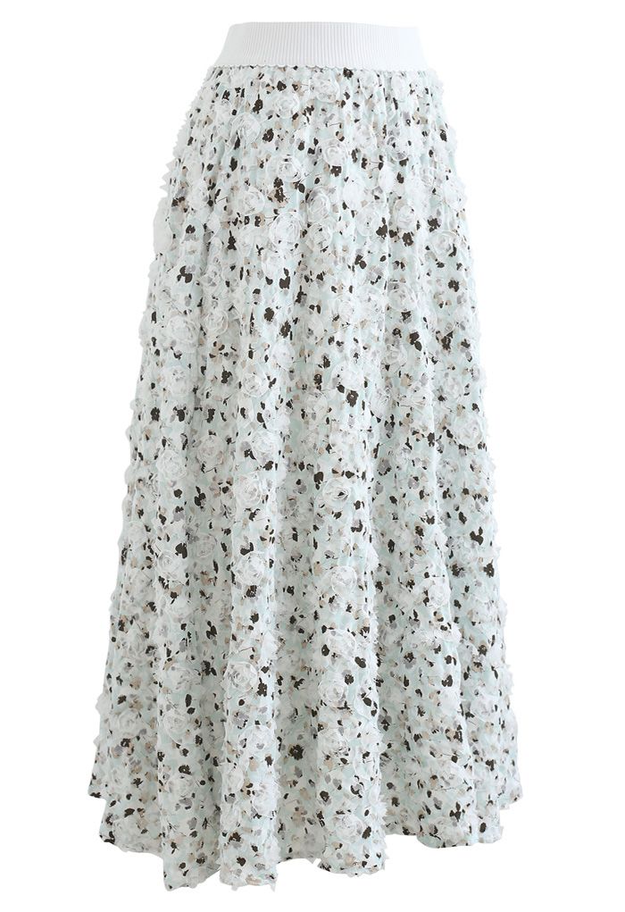 3D Applique Floral Print Midi Skirt in Mint - Retro, Indie and Unique ...