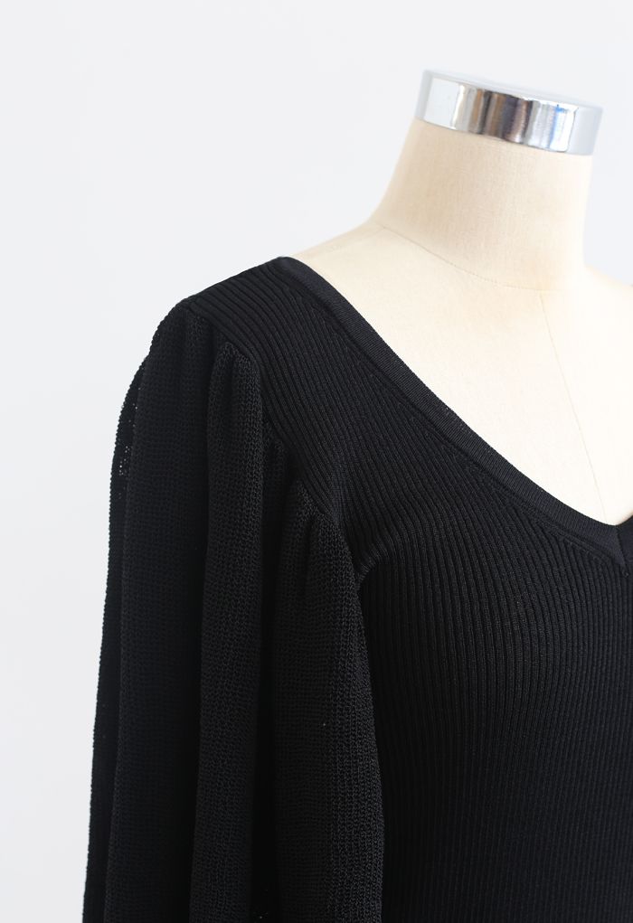 Drape Short Sleeves V-Neck Knit Top in Black - Retro, Indie and Unique ...