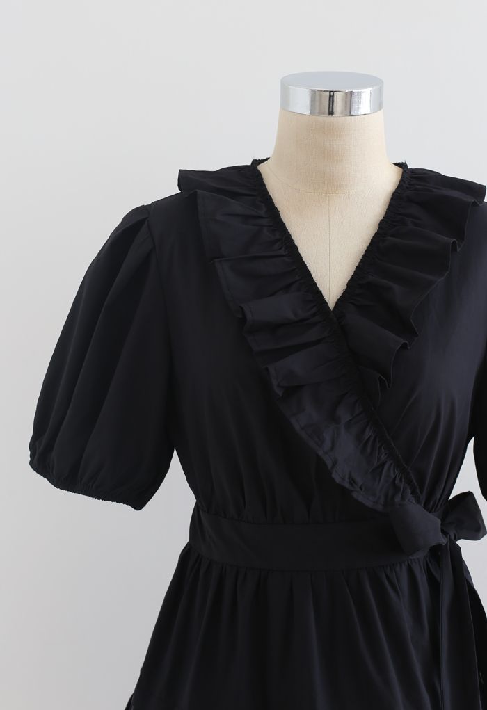 Short Sleeves Wrap Tied Ruffle Dress in Black - Retro, Indie and Unique ...