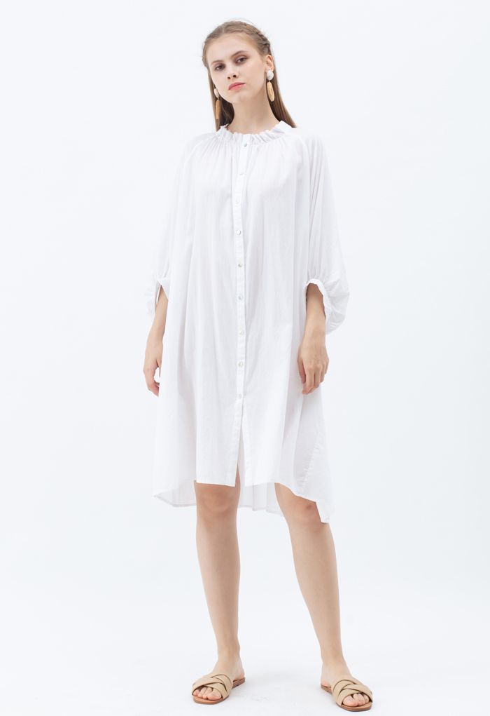 Breezy Bubble Sleeve Longline Shirt Dress in White - Retro, Indie and ...