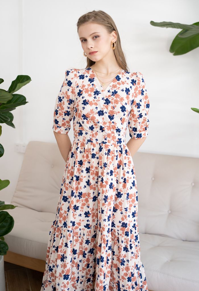 Bicolored Floral Printed Wrap Frilling Dress - Retro, Indie and Unique ...