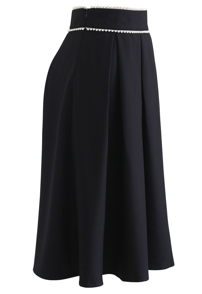 Pearly Waist Pleated Midi Skirt in Black - Retro, Indie and Unique Fashion