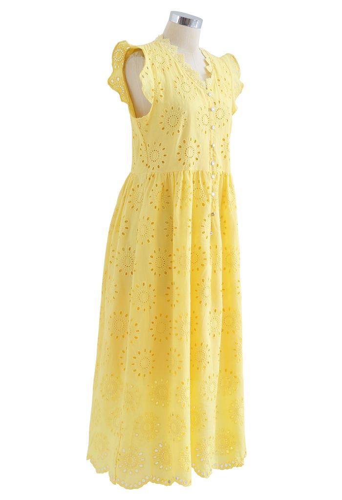 Allover Eyelet Embroidery Buttoned Sleeveless Dress in Yellow - Retro ...