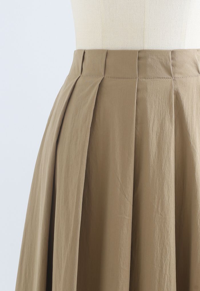 Cotton A-Line Pleated Midi Skirt in Khaki - Retro, Indie and Unique Fashion