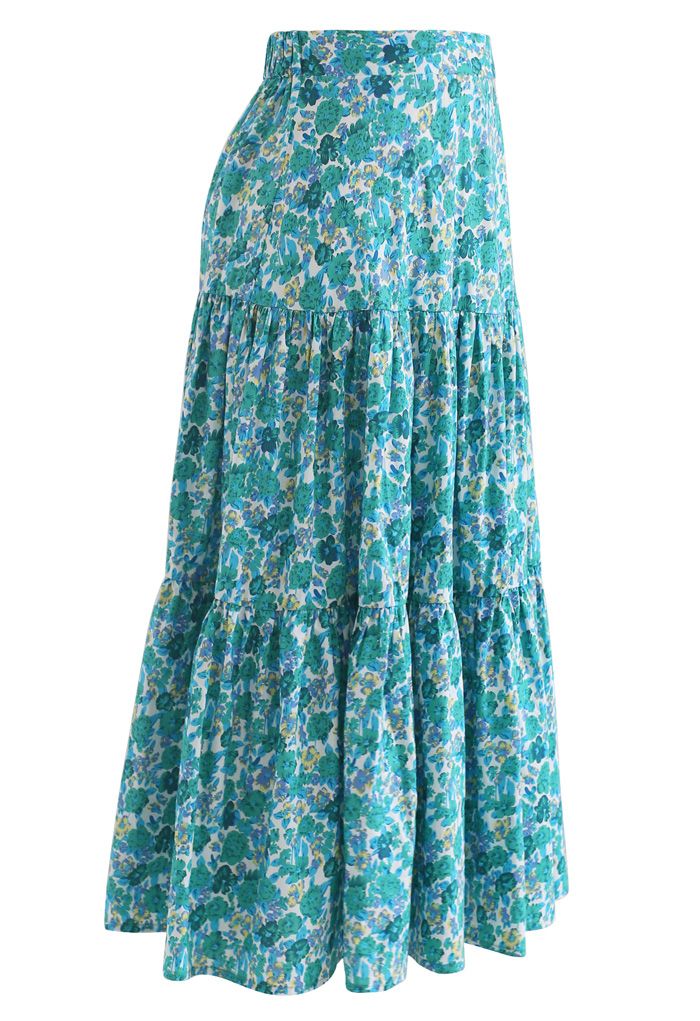 Green Floret Frilling Cotton Skirt - Retro, Indie and Unique Fashion
