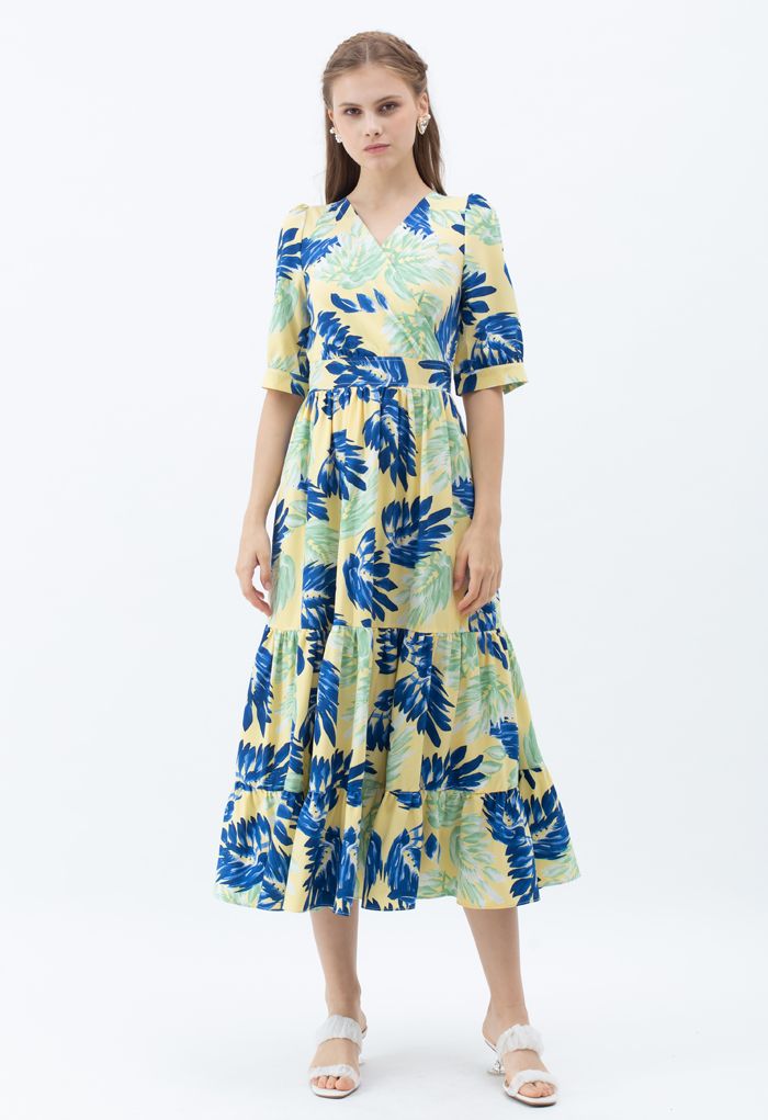 Tropical Leaves Wrapped Frilling Maxi Dress - Retro, Indie and Unique ...