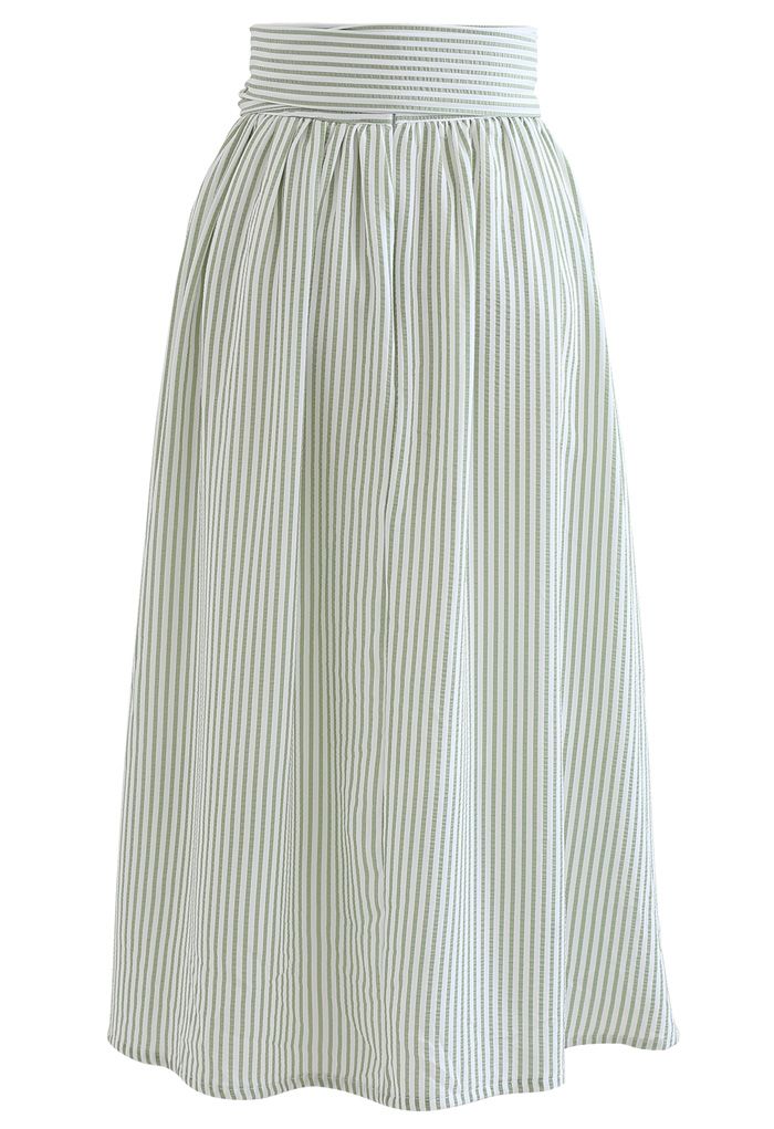 Embossed Stripes Bowknot Waist Midi Skirt - Retro, Indie and Unique Fashion